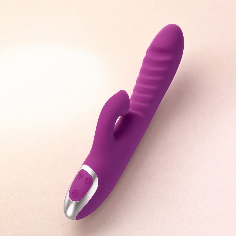 Miavelle Bloom in Berry — a soft-touch silicone dual-stimulation device with an air-pulse suction mouth and a ridged, gently curved shaft